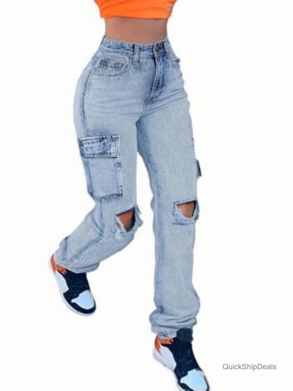 Wide Leg Distressed Cargo Jeans Ripped Denim Side Pockets